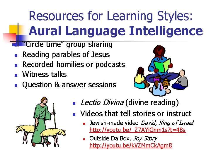 Resources for Learning Styles: Aural Language Intelligence n n n “Circle time” group sharing