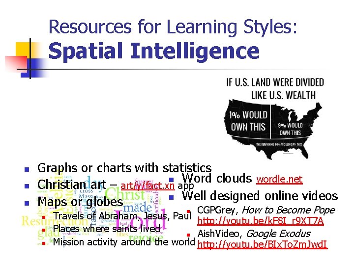 Resources for Learning Styles: Spatial Intelligence n n n Graphs or charts with statistics