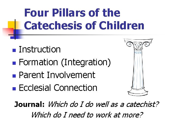 Four Pillars of the Catechesis of Children Instruction n Formation (Integration) n Parent Involvement
