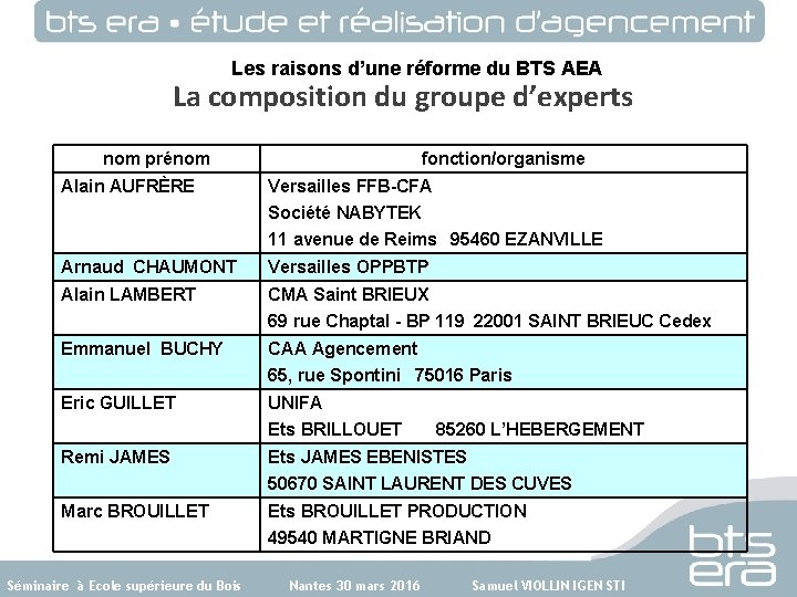 Les raisons d’une réforme du BTS AEA La composition du groupe d’experts nom prénom