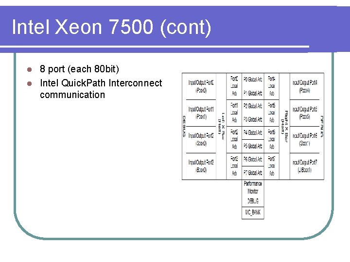 Intel Xeon 7500 (cont) 8 port (each 80 bit) l Intel Quick. Path Interconnect