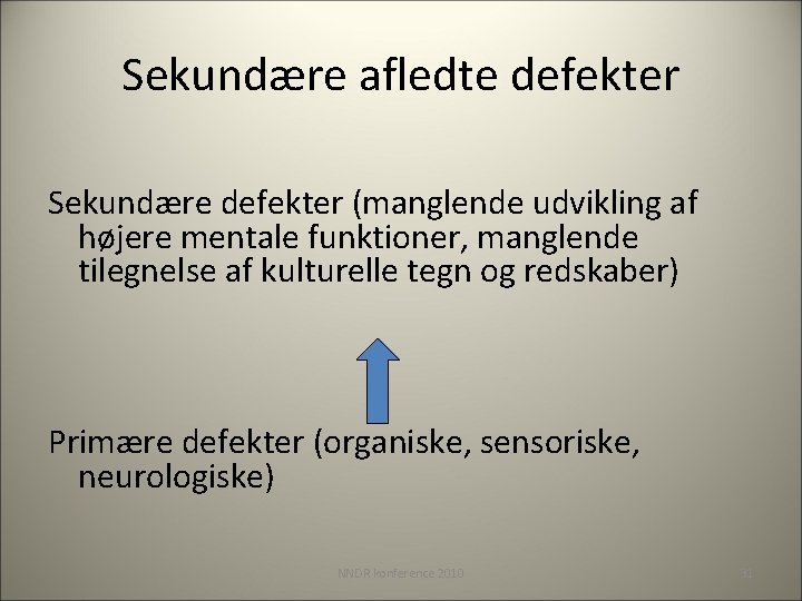 Sekundære afledte defekter Sekundære defekter (manglende udvikling af højere mentale funktioner, manglende tilegnelse af