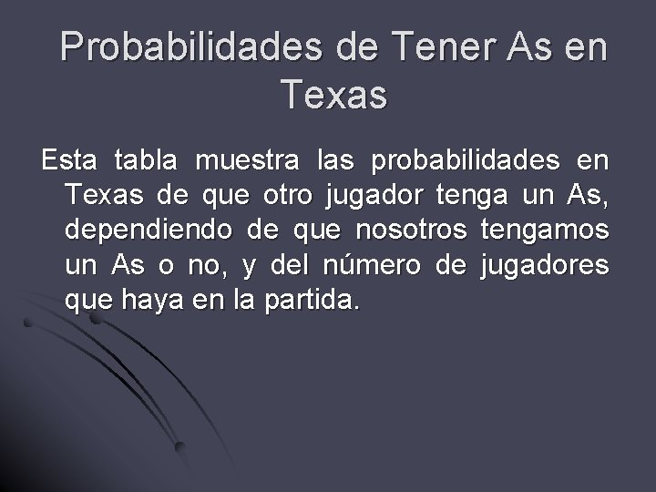 Probabilidades de Tener As en Texas Esta tabla muestra las probabilidades en Texas de