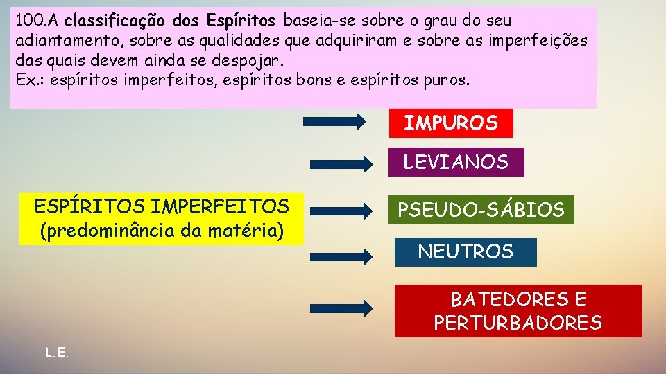 100. A classificação dos Espíritos baseia-se sobre o grau do seu adiantamento, sobre as