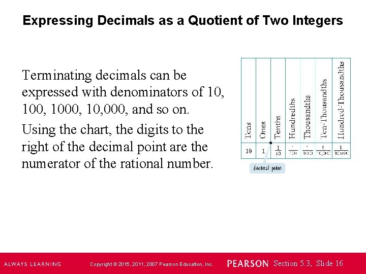 Expressing Decimals as a Quotient of Two Integers Terminating decimals can be expressed with