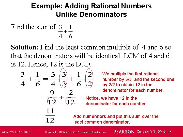 Example: Adding Rational Numbers Unlike Denominators Find the sum of Solution: Find the least
