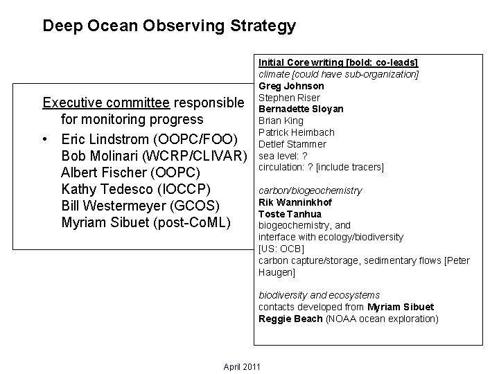 Deep Ocean Observing Strategy Executive committee responsible for monitoring progress • Eric Lindstrom (OOPC/FOO)