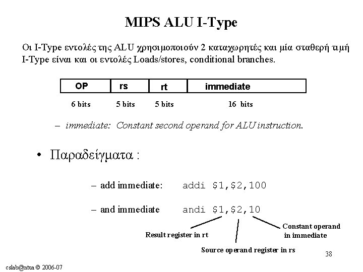 MIPS ALU I-Type Οι I-Type εντολές της ALU χρησιμοποιούν 2 καταχωρητές και μία σταθερή