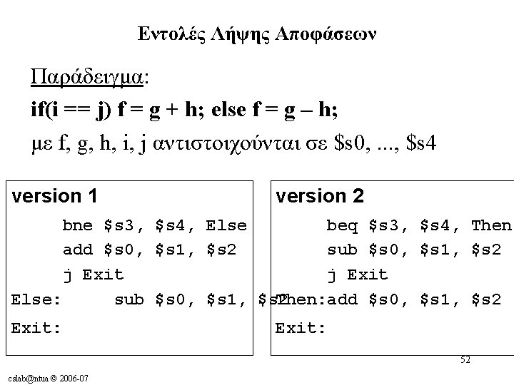 Εντολές Λήψης Αποφάσεων Παράδειγμα: if(i == j) f = g + h; else f