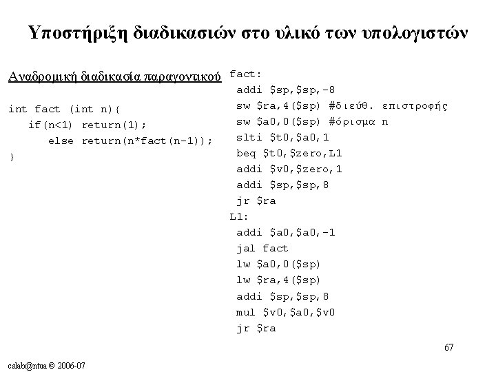 Υποστήριξη διαδικασιών στο υλικό των υπολογιστών Αναδρομική διαδικασία παραγοντικού int fact (int n){ if(n<1)