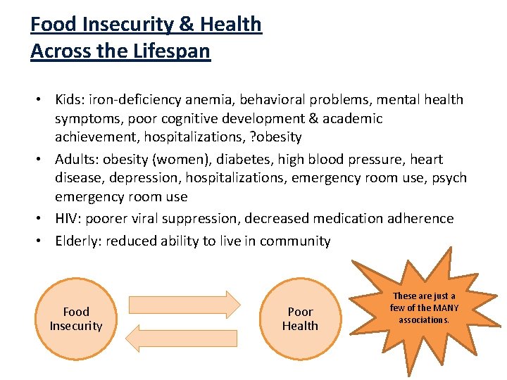 Food Insecurity & Health Across the Lifespan • Kids: iron-deficiency anemia, behavioral problems, mental
