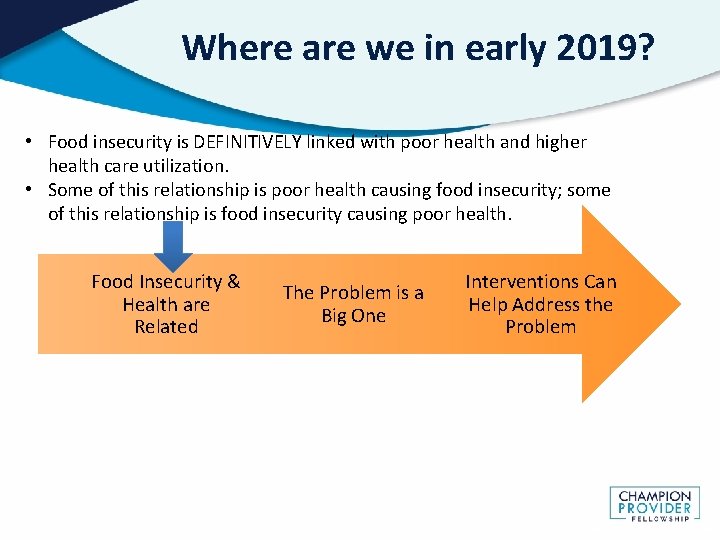 Where are we in early 2019? • Food insecurity is DEFINITIVELY linked with poor