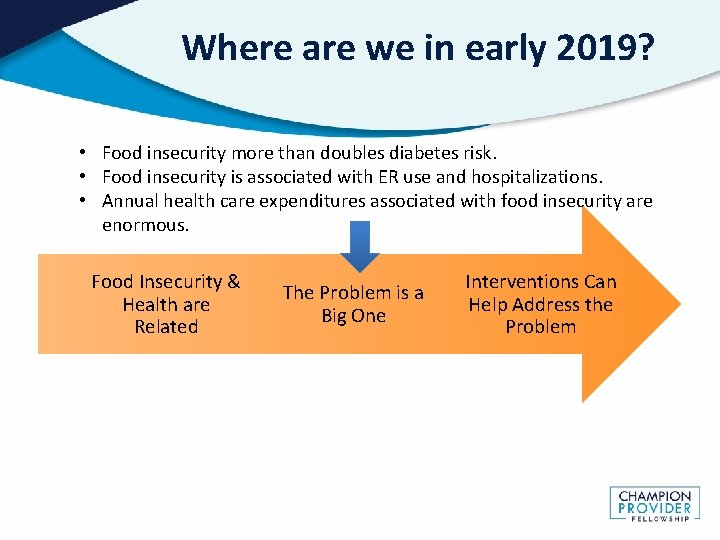 Where are we in early 2019? • Food insecurity more than doubles diabetes risk.