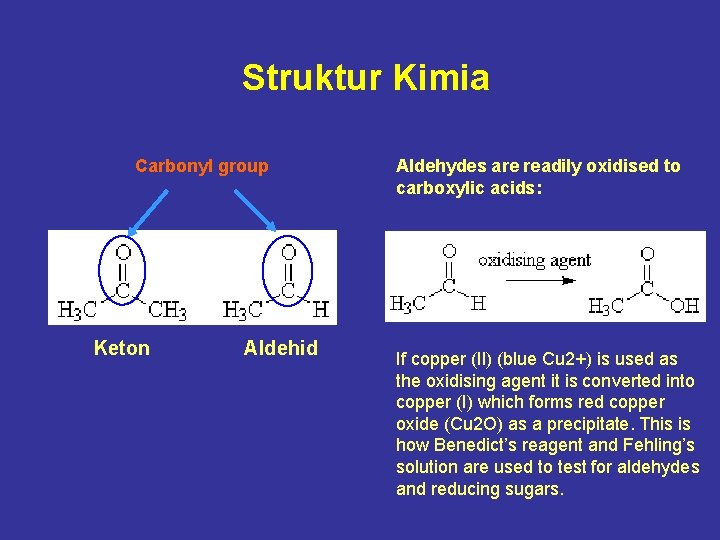 Struktur Kimia Carbonyl group Keton Aldehid Aldehydes are readily oxidised to carboxylic acids: If