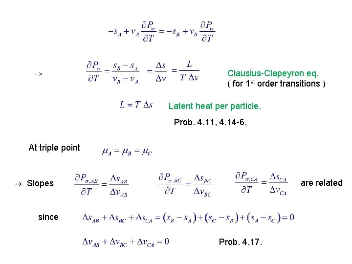  Clausius-Clapeyron eq. ( for 1 st order transitions ) Latent heat per particle.