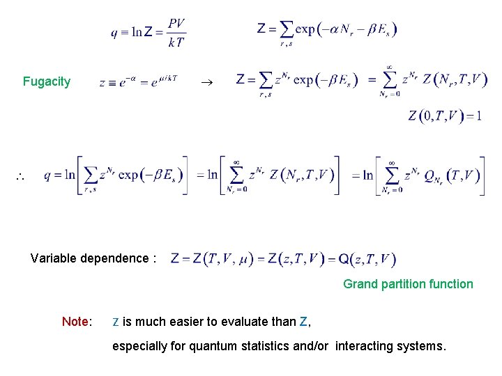  Fugacity Variable dependence : Grand partition function Note: Z is much easier to