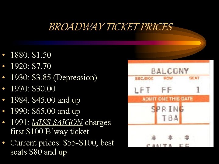 BROADWAY TICKET PRICES • • 1880: $1. 50 1920: $7. 70 1930: $3. 85