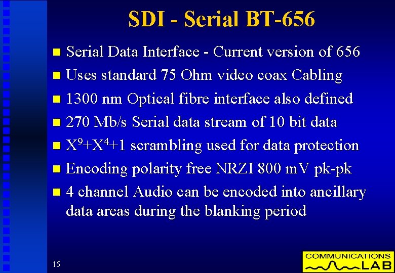 SDI - Serial BT-656 Serial Data Interface - Current version of 656 n Uses