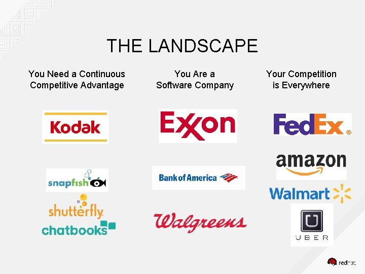 THE LANDSCAPE You Need a Continuous Competitive Advantage You Are a Software Company Your