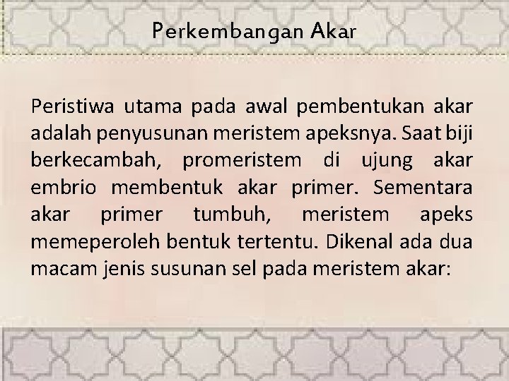 Perkembangan Akar Peristiwa utama pada awal pembentukan akar adalah penyusunan meristem apeksnya. Saat biji