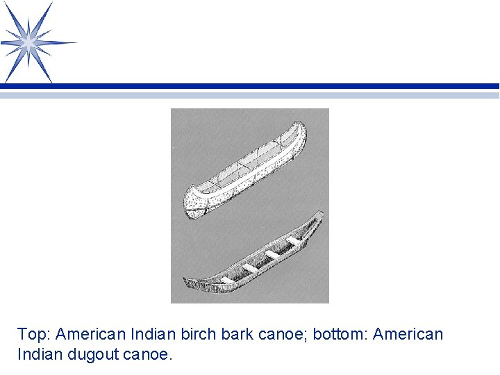 Top: American Indian birch bark canoe; bottom: American Indian dugout canoe. 