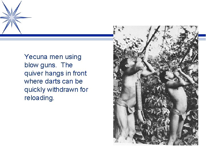 Yecuna men using blow guns. The quiver hangs in front where darts can be