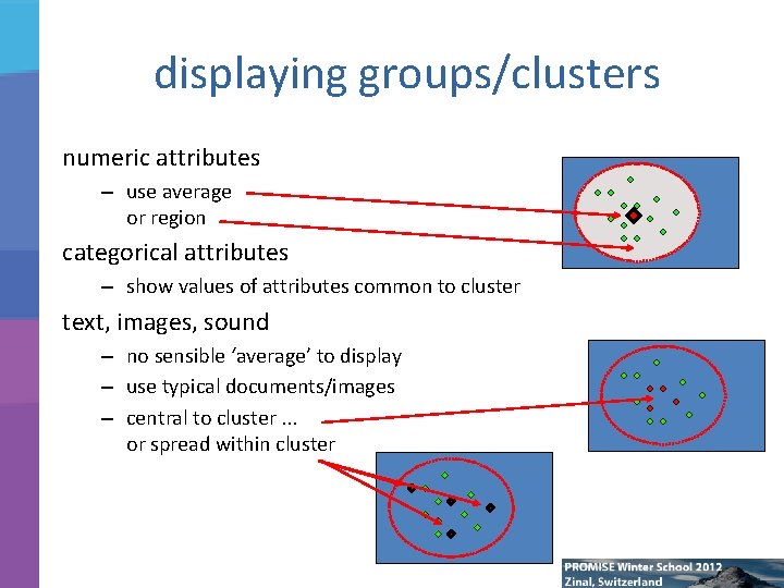 displaying groups/clusters numeric attributes – use average or region categorical attributes – show values