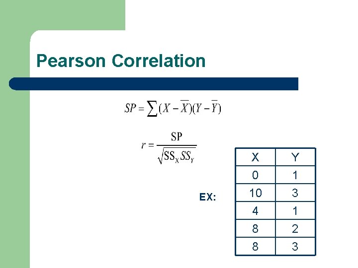 Pearson Correlation EX: X 0 10 4 Y 1 3 1 8 8 2