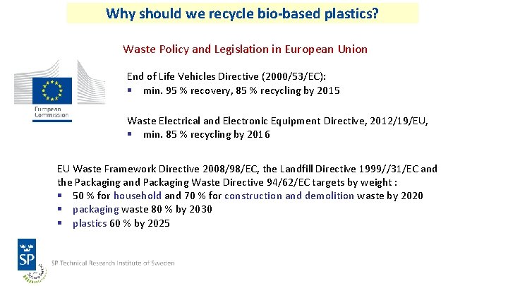 Why should we recycle bio-based plastics? Waste Policy and Legislation in European Union End