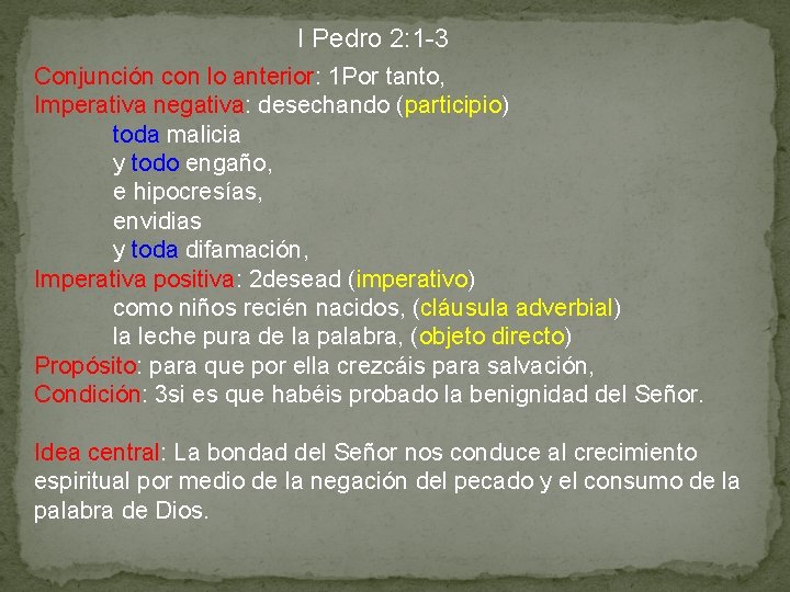 I Pedro 2: 1 -3 Conjunción con lo anterior: 1 Por tanto, Imperativa negativa: