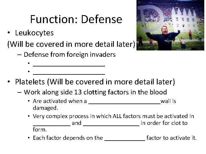 Function: Defense • Leukocytes (Will be covered in more detail later) – Defense from