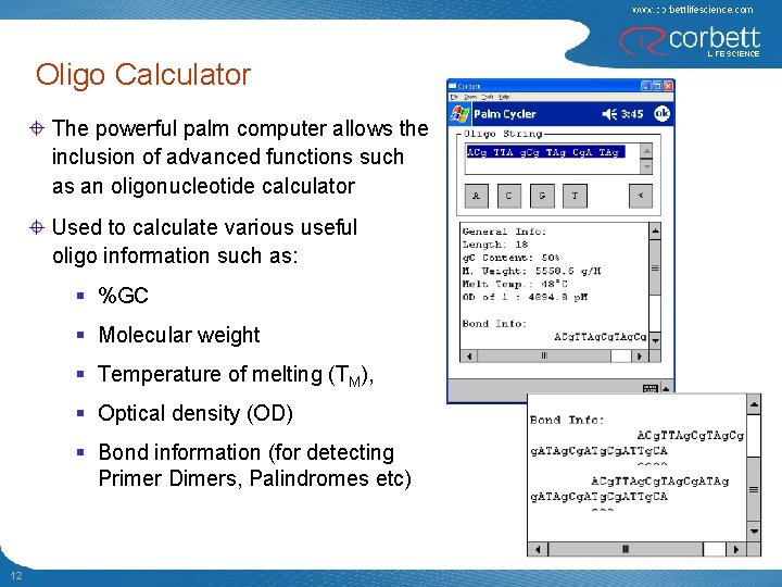 Oligo Calculator The powerful palm computer allows the inclusion of advanced functions such as