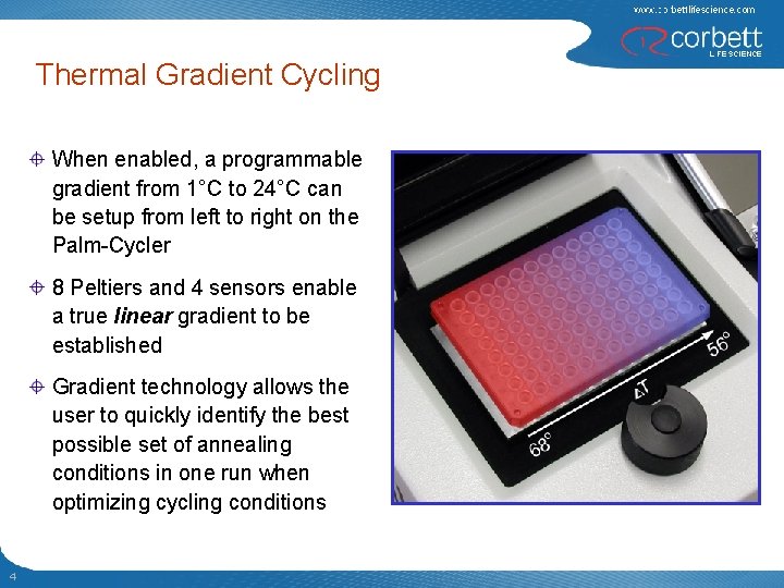 Thermal Gradient Cycling When enabled, a programmable gradient from 1°C to 24°C can be