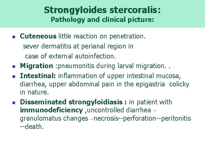 Strongyloides stercoralis: Pathology and clinical picture: Cuteneous little reaction on penetration. sever dermatitis at