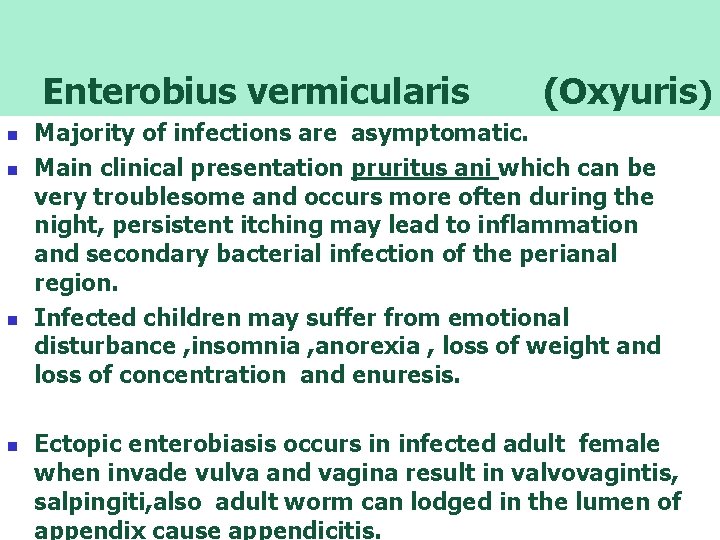  Enterobius Pathology vermicularis (Oxyuris) Majority of infections are asymptomatic. n Main clinical presentation
