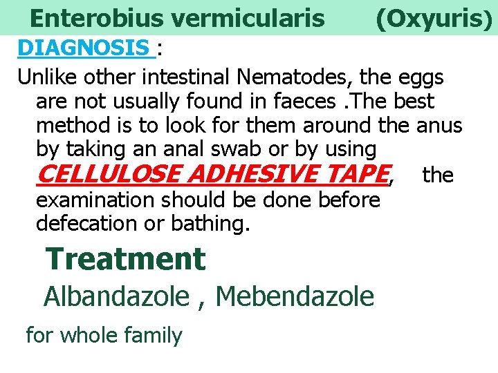 Enterobius vermicularis (Oxyuris) DIAGNOSIS : Unlike other intestinal Nematodes, the eggs are not usually