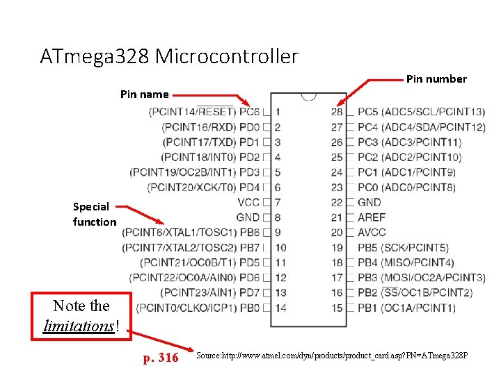ATmega 328 Microcontroller Pin name Pin number Special function Note the limitations! p. 316