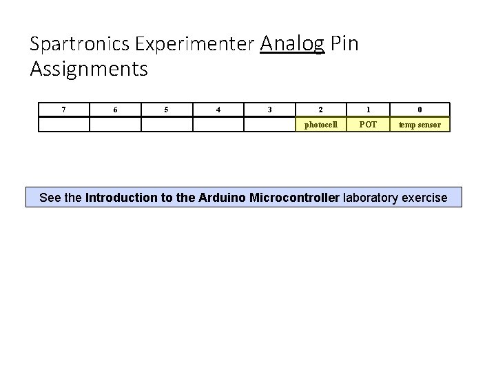 Spartronics Experimenter Analog Pin Assignments 7 6 5 4 3 2 1 0 photocell
