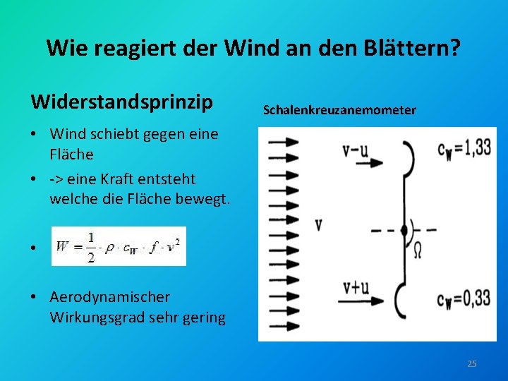 Wie reagiert der Wind an den Blättern? Widerstandsprinzip Schalenkreuzanemometer • Wind schiebt gegen eine