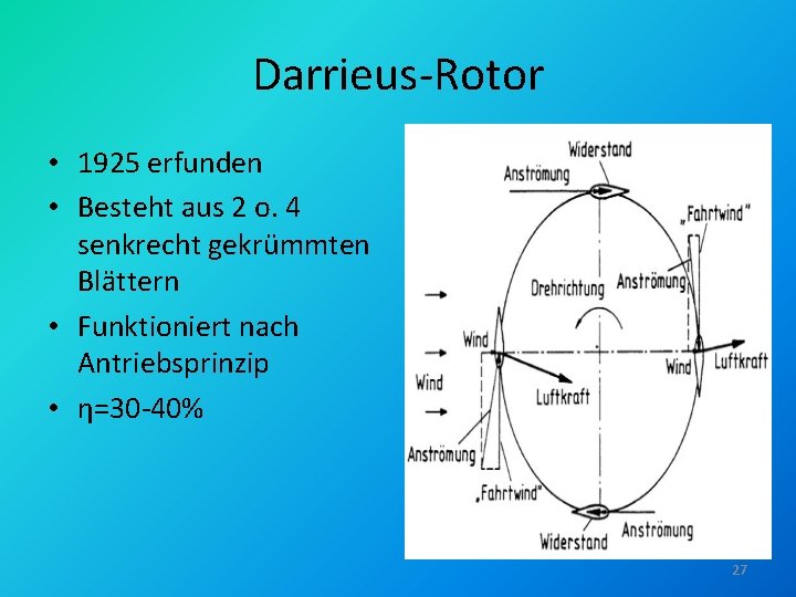 Darrieus-Rotor • 1925 erfunden • Besteht aus 2 o. 4 senkrecht gekrümmten Blättern • Darrieus-Rotor • 1925 erfunden • Besteht aus 2 o. 4 senkrecht gekrümmten Blättern •