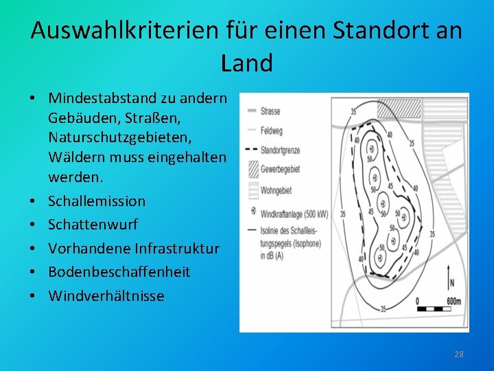 Auswahlkriterien für einen Standort an Land • Mindestabstand zu andern Gebäuden, Straßen, Naturschutzgebieten, Wäldern