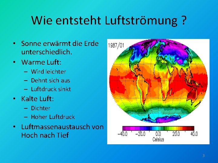 Wie entsteht Luftströmung ? • Sonne erwärmt die Erde unterschiedlich. • Warme Luft: –