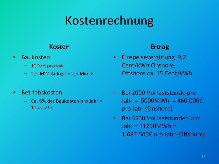 Kostenrechnung Kosten • Baukosten – 1000 € pro k. W – 2, 5 -MW-Anlage