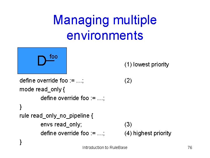 Managing multiple environments foo (1) lowest priority define override foo : = …; mode