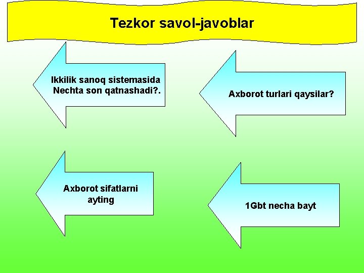 Tezkor savol-javoblar Ikkilik sanoq sistemasida Nechta son qatnashadi? . Axborot sifatlarni ayting Axborot turlari