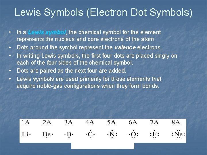 Lewis Symbols (Electron Dot Symbols) • In a Lewis symbol, the chemical symbol for