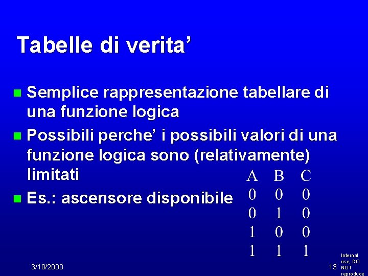 Tabelle di verita’ Semplice rappresentazione tabellare di una funzione logica n Possibili perche’ i