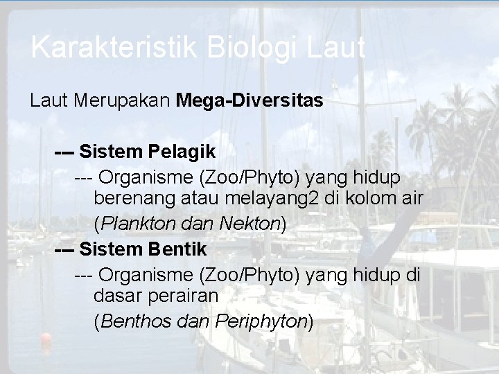 Karakteristik Biologi Laut Merupakan Mega-Diversitas --- Sistem Pelagik --- Organisme (Zoo/Phyto) yang hidup berenang