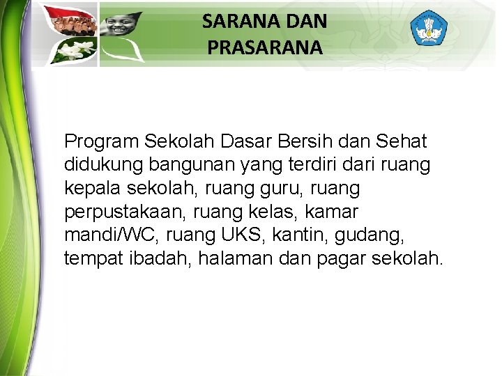 SARANA DAN PRASARANA Program Sekolah Dasar Bersih dan Sehat didukung bangunan yang terdiri dari