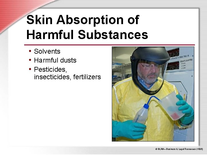 Skin Absorption of Harmful Substances • Solvents • Harmful dusts • Pesticides, insecticides, fertilizers